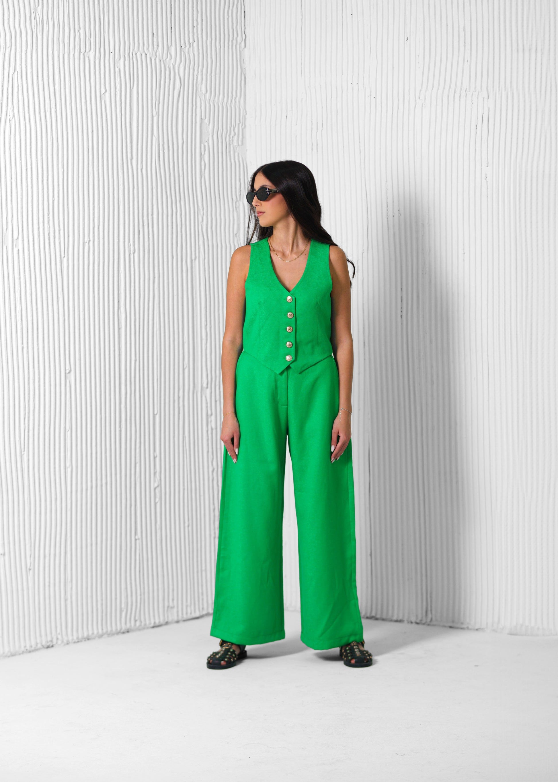 BYSARAD | LINEN PANTS & WAISTCOAT CO-ORD - EMERALD GREEN