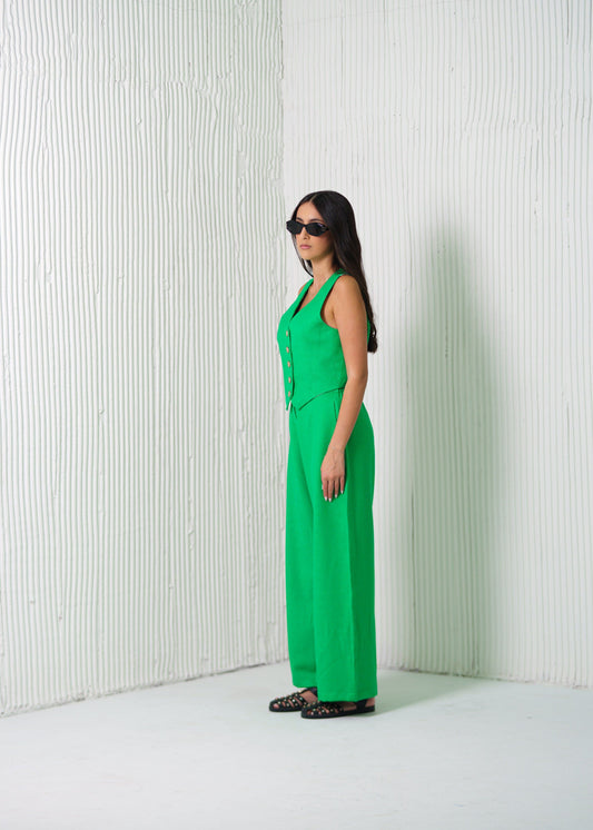BYSARAD | LINEN PANTS & WAISTCOAT CO-ORD - EMERALD GREEN