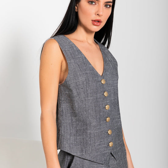 BYSARAD | LINEN SHORTS & RELAXED WAISTCOAT CO-ORD - CHARCOAL