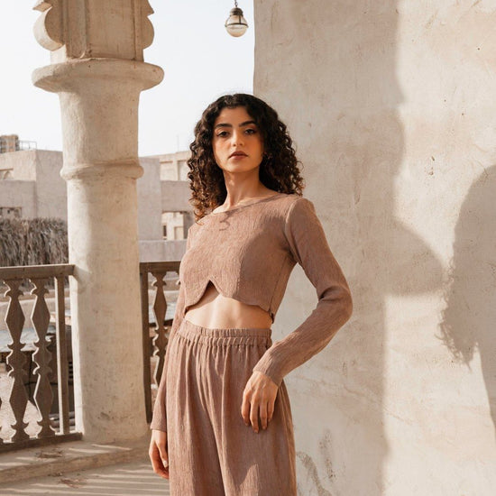 BYSARAD | MARGARITA PANTS & LONG SLEEVE CROP TOP CO-ORD - MOCHA