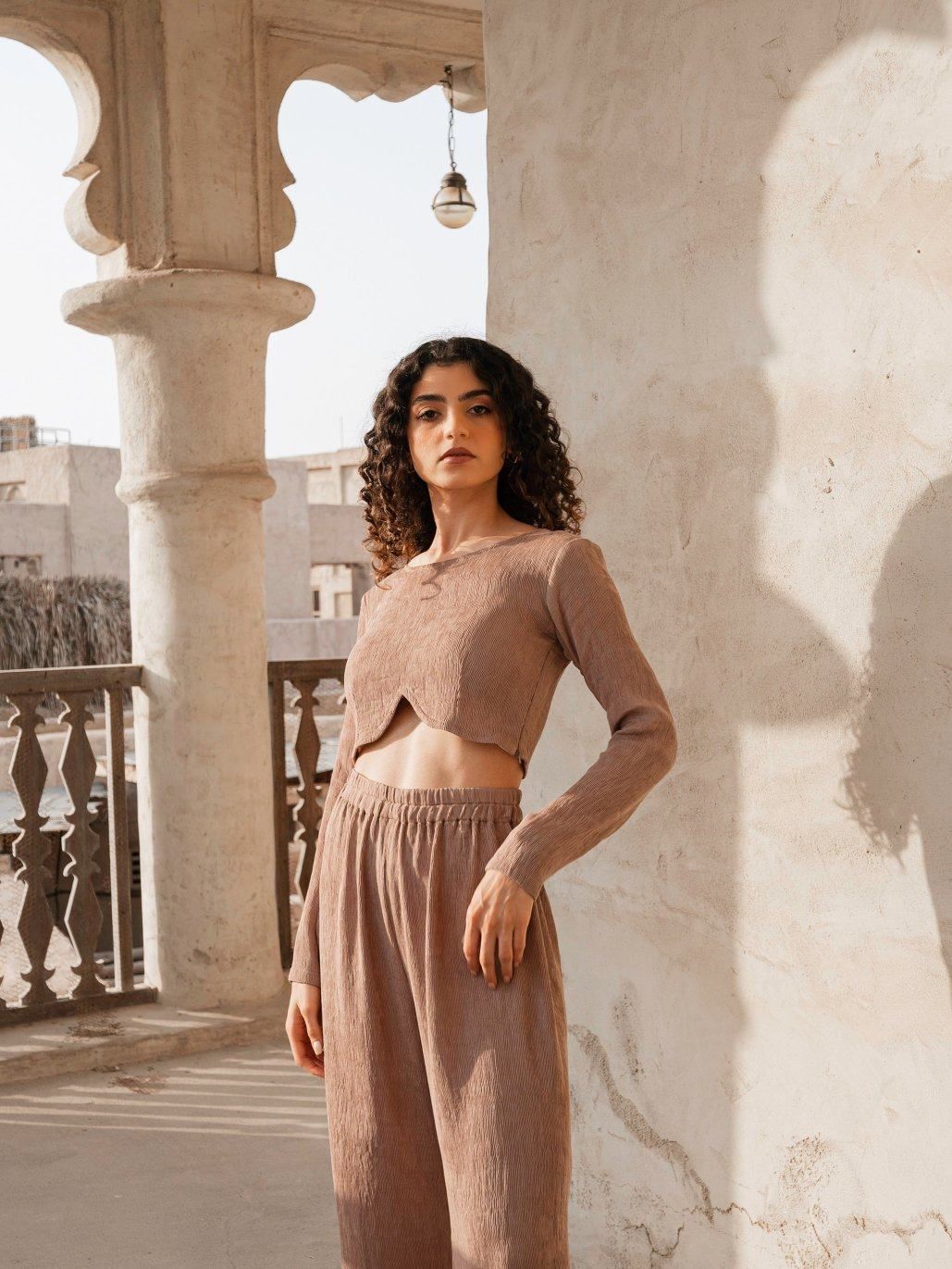 BYSARAD | MARGARITA PANTS & LONG SLEEVE CROP TOP CO-ORD - MOCHA