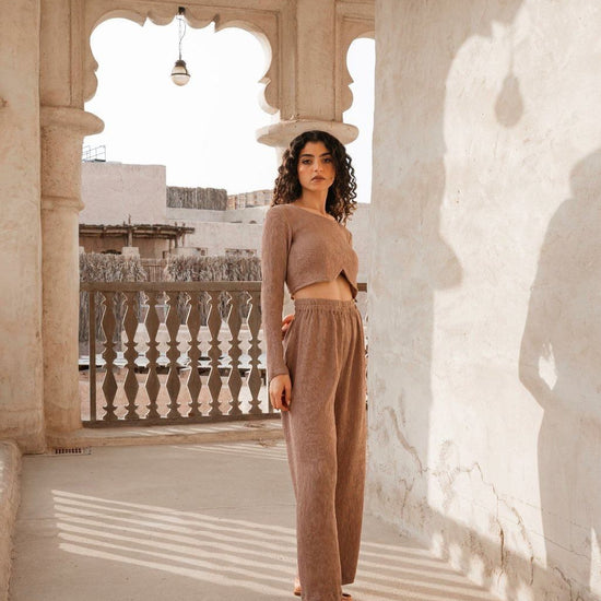 BYSARAD | MARGARITA PANTS & LONG SLEEVE CROP TOP CO-ORD - MOCHA