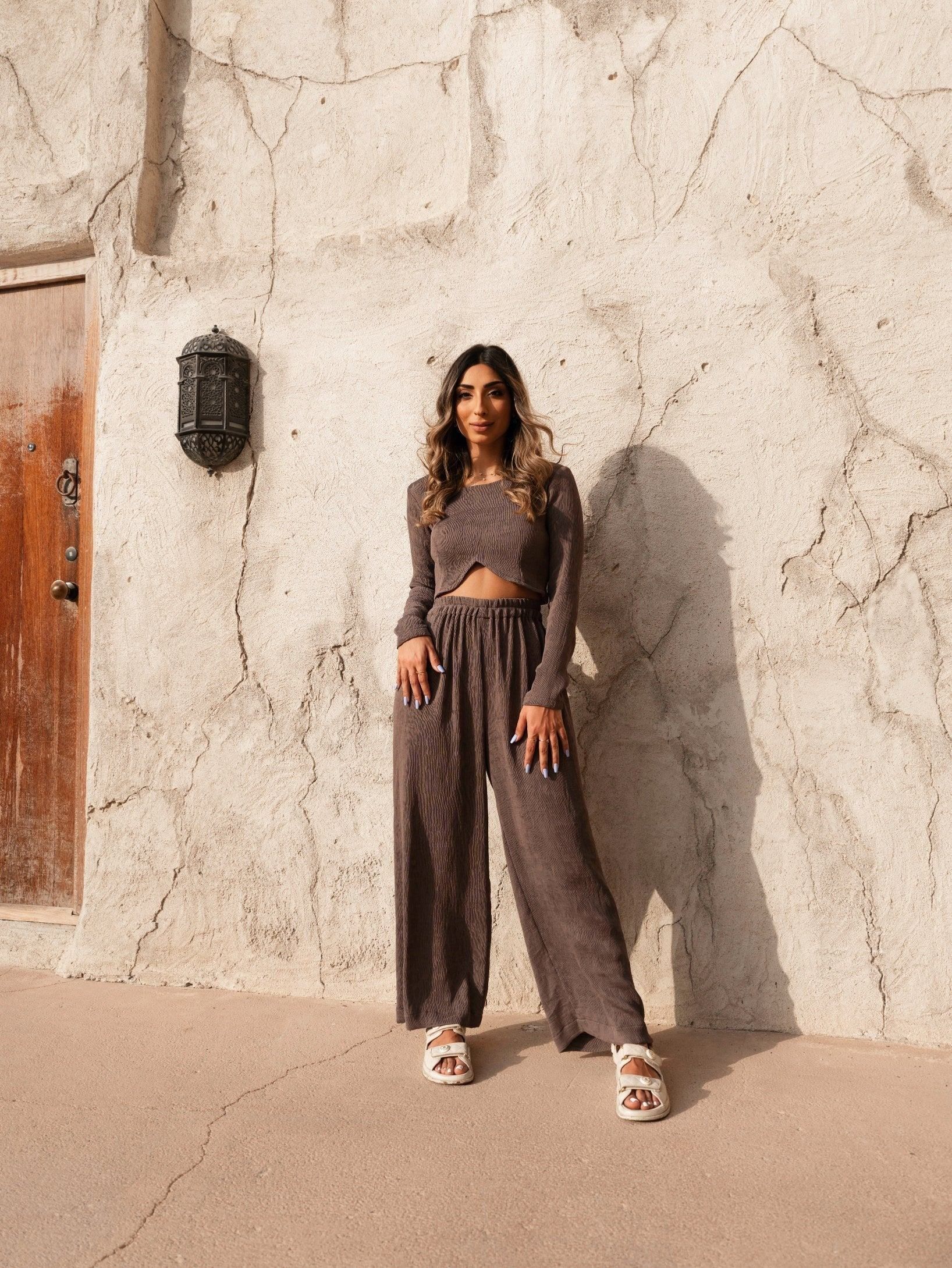 BYSARAD | MARGARITA PANTS & LONG SLEEVE CROP TOP CO-ORD - TAUPE