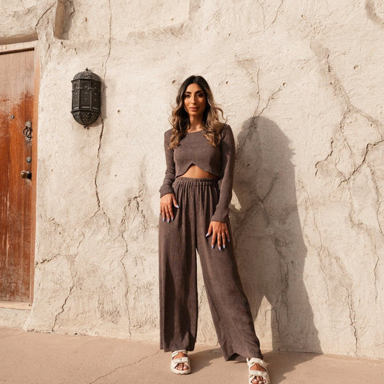 BYSARAD | MARGARITA PANTS & LONG SLEEVE CROP TOP CO-ORD - TAUPE