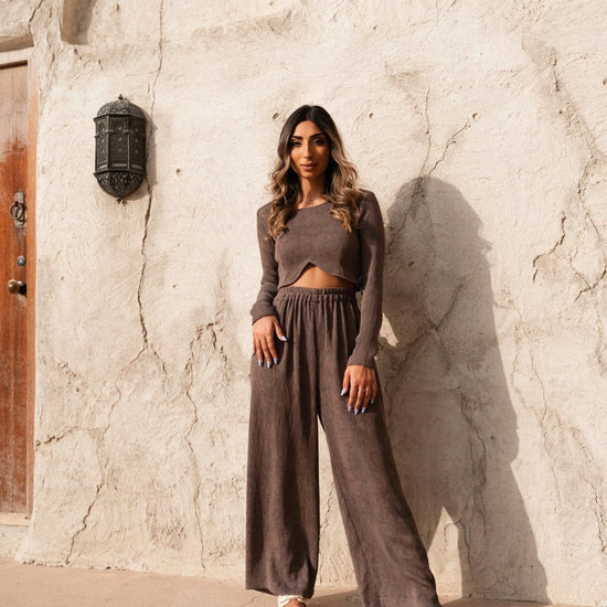 BYSARAD | MARGARITA PANTS & LONG SLEEVE CROP TOP CO-ORD - TAUPE