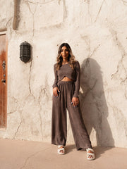 BYSARAD | MARGARITA PANTS & LONG SLEEVE CROP TOP CO-ORD - TAUPE