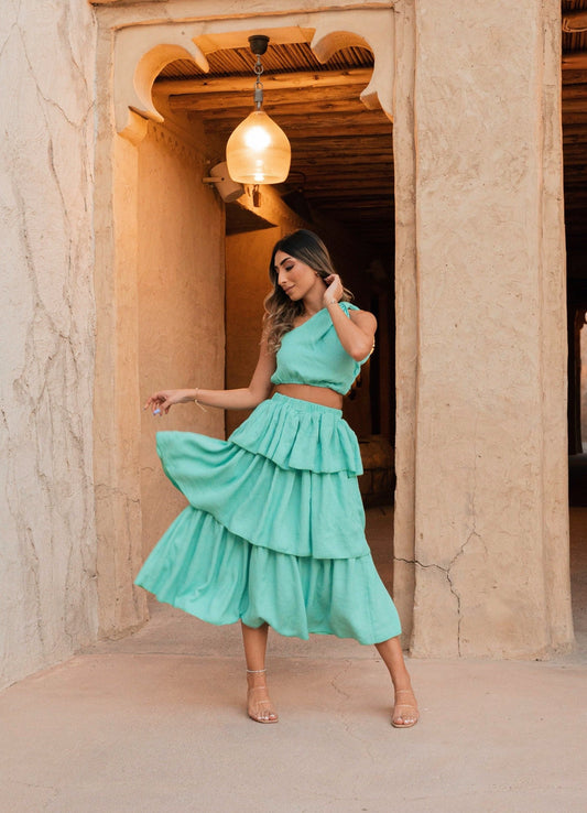 BYSARAD | RUFFLES SKIRT & CROP TOP CO-ORD - TURQUOISE