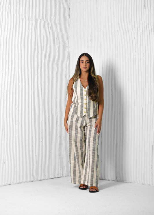 BYSARAD | STRIPED LINED PANTS & RELAXED WAISTCOAT CO-ORD - GREY