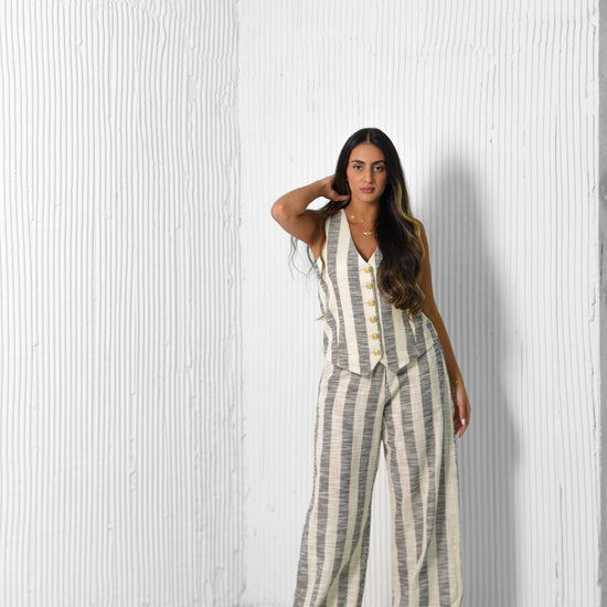 BYSARAD | STRIPED LINED PANTS & RELAXED WAISTCOAT CO-ORD - GREY
