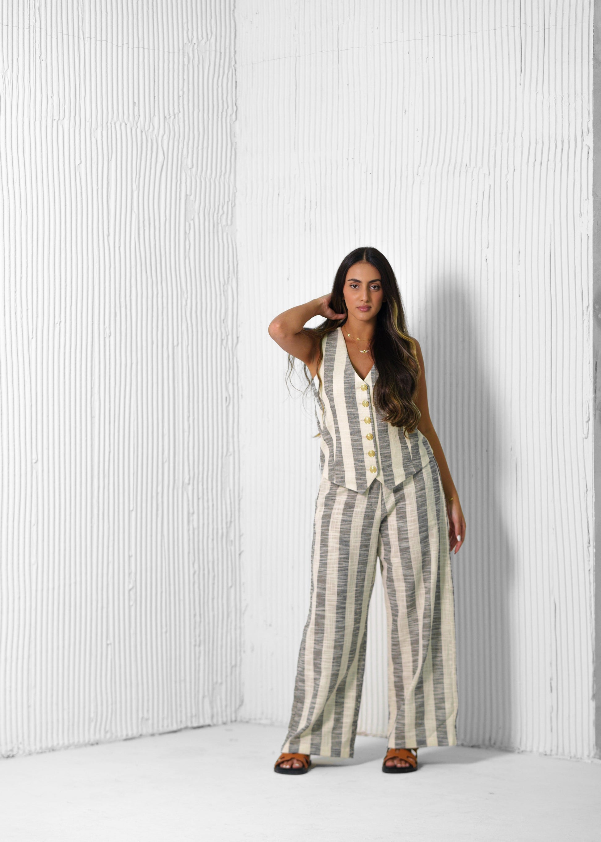 BYSARAD | STRIPED LINED PANTS & RELAXED WAISTCOAT CO-ORD - GREY