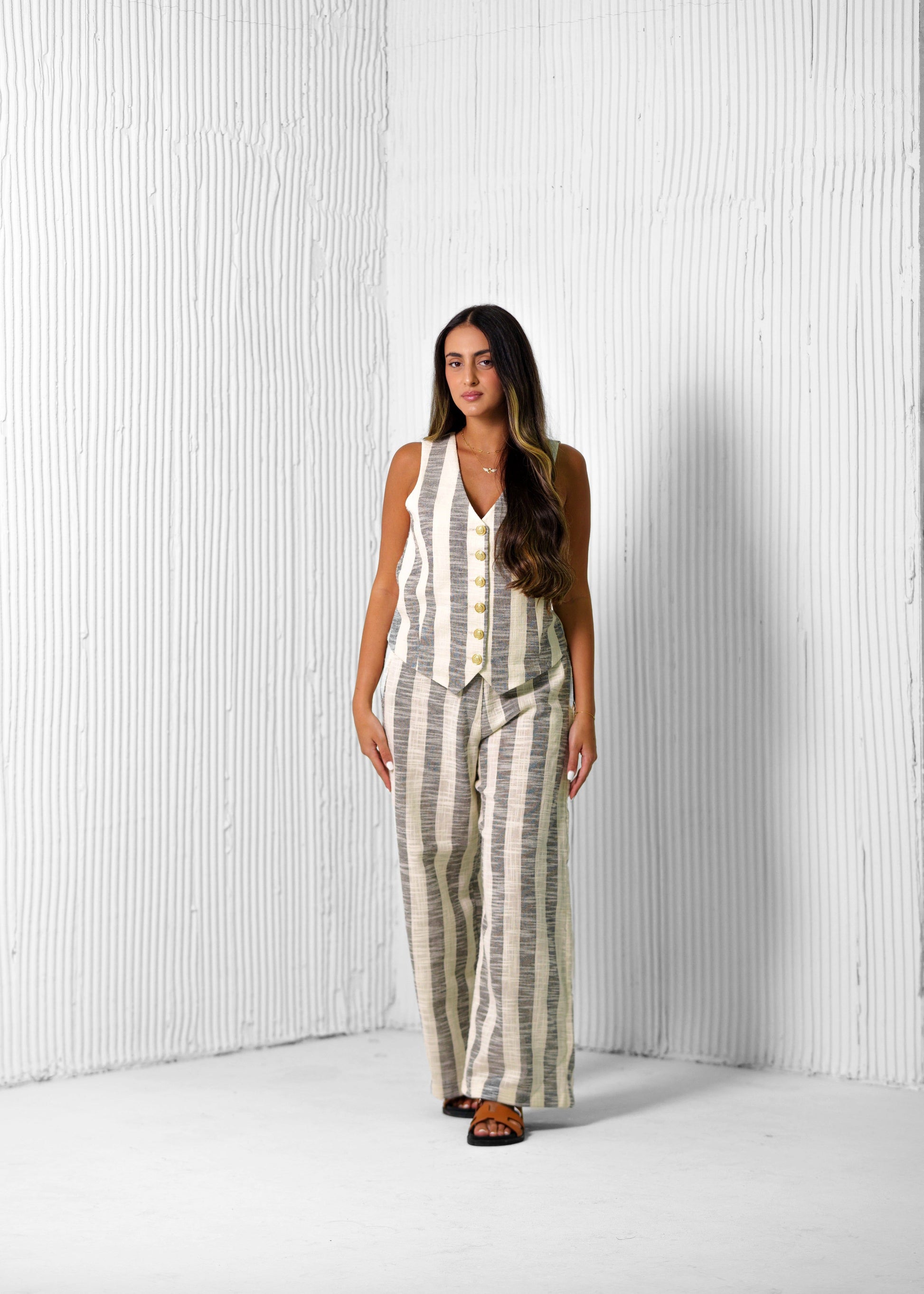 BYSARAD | STRIPED LINED PANTS & RELAXED WAISTCOAT CO-ORD - GREY