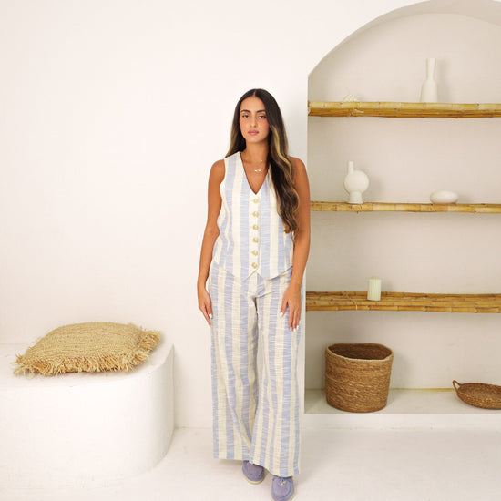BYSARAD | STRIPED LINEN PANTS & WAISTCOAT CO-ORD - BLUE