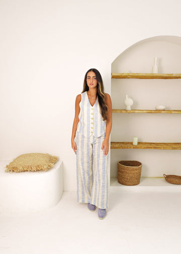 BYSARAD | STRIPED LINEN PANTS & WAISTCOAT CO-ORD - BLUE