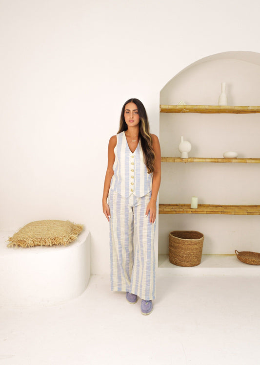 BYSARAD | STRIPED LINEN PANTS & WAISTCOAT CO-ORD - BLUE