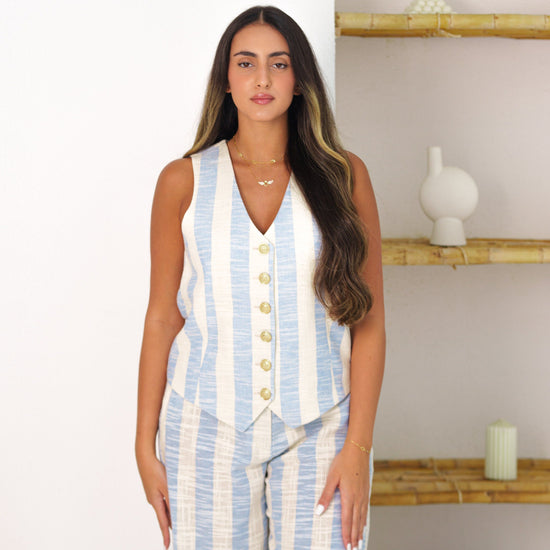 BYSARAD | STRIPED LINEN PANTS & WAISTCOAT CO-ORD - BLUE