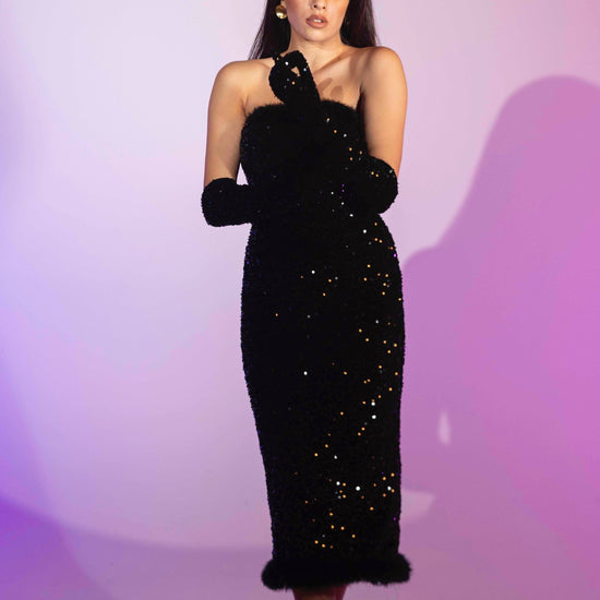 BYSARAD | VELVET SEQUIN BODYCON DRESS & GLOVES SET