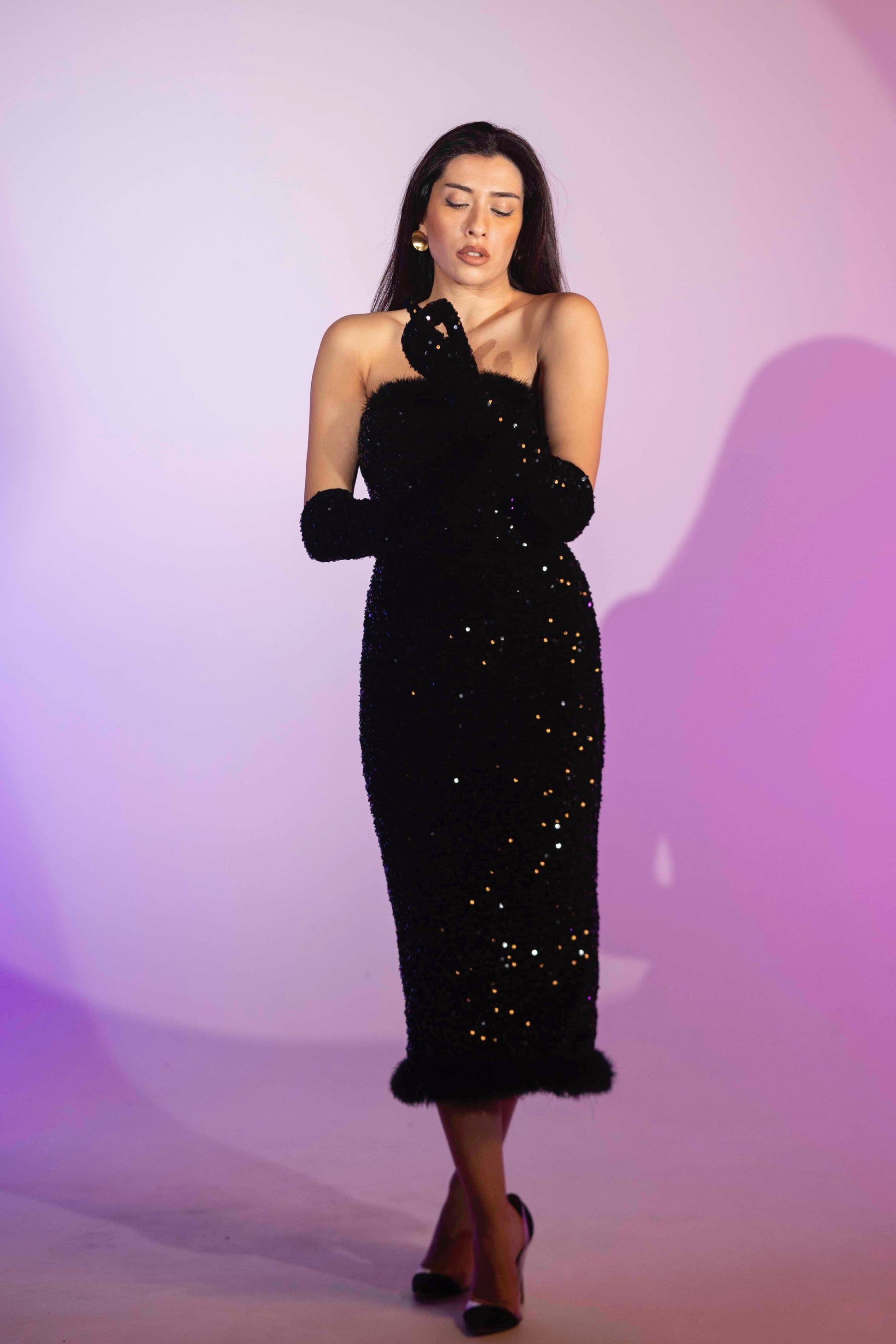 BYSARAD | VELVET SEQUIN BODYCON DRESS & GLOVES SET
