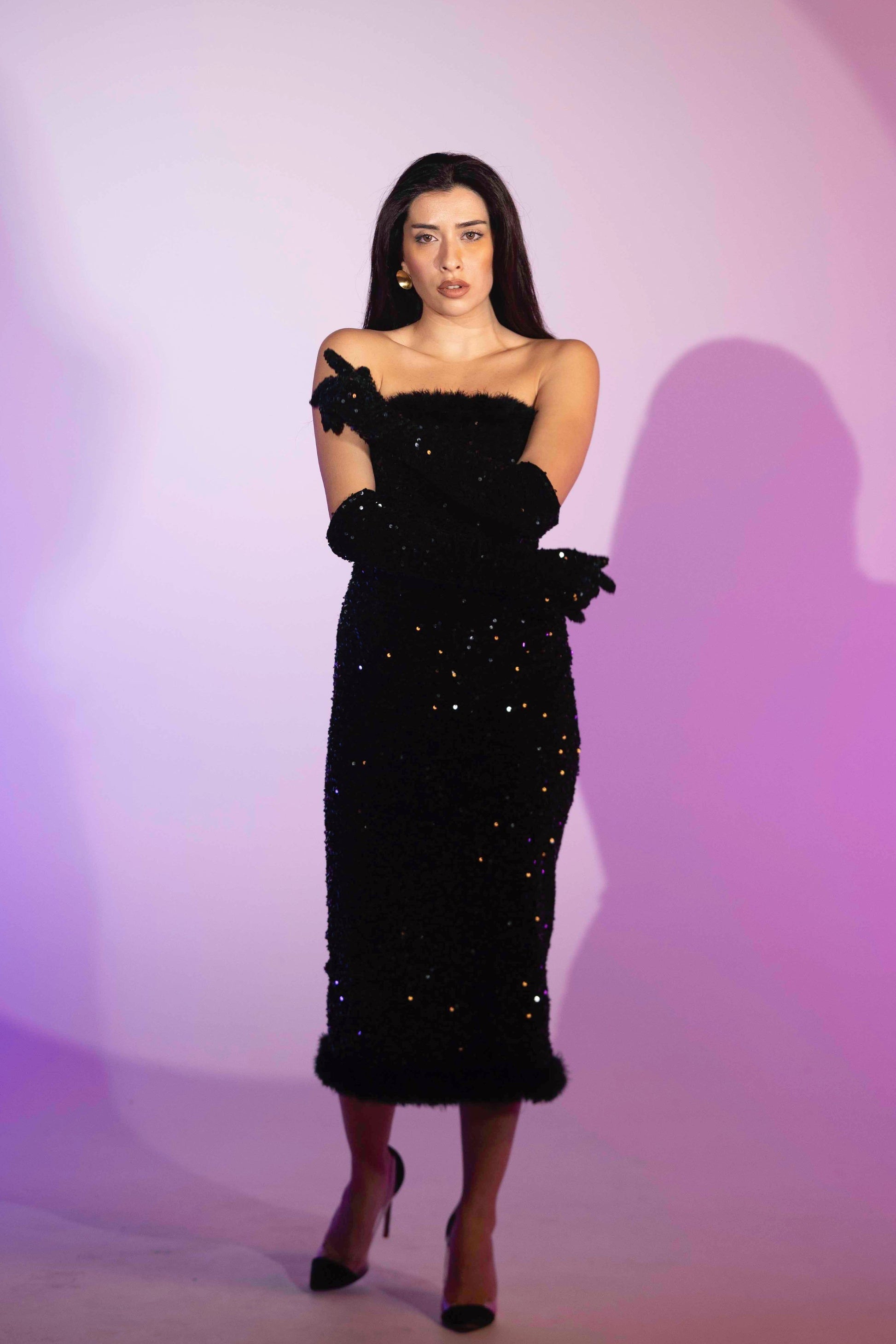 BYSARAD | VELVET SEQUIN BODYCON DRESS & GLOVES SET