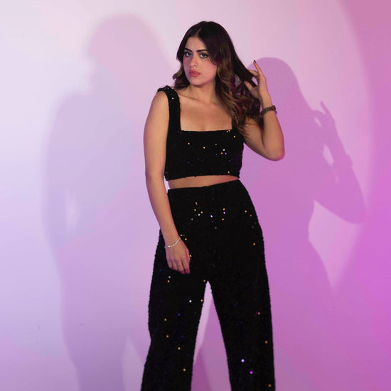 BYSARAD | VELVET SEQUIN PANTS & CROP TOP SET - BLACK