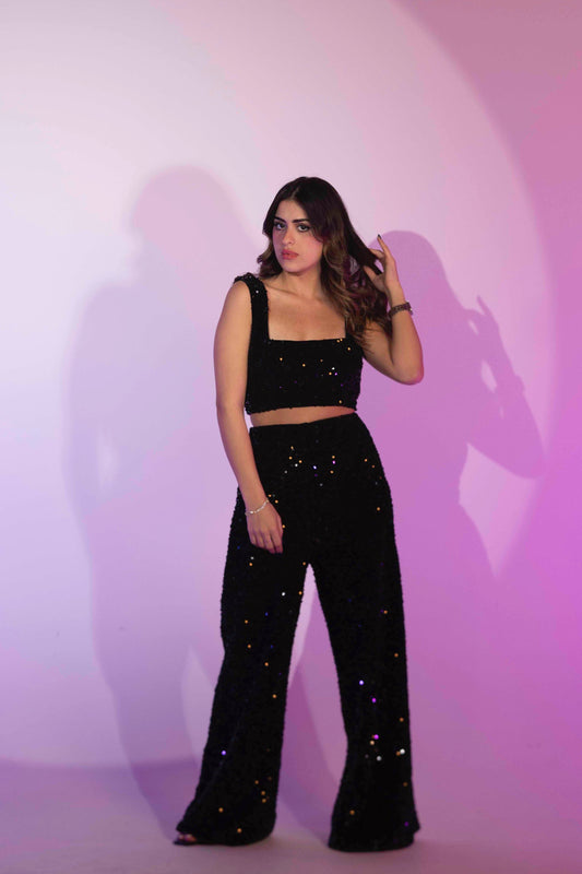 BYSARAD | VELVET SEQUIN PANTS & CROP TOP SET - BLACK