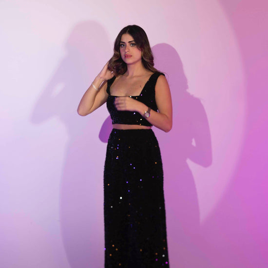 BYSARAD | VELVET SEQUIN PANTS & CROP TOP SET - BLACK