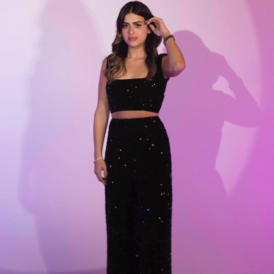 BYSARAD | VELVET SEQUIN PANTS & CROP TOP SET - BLACK