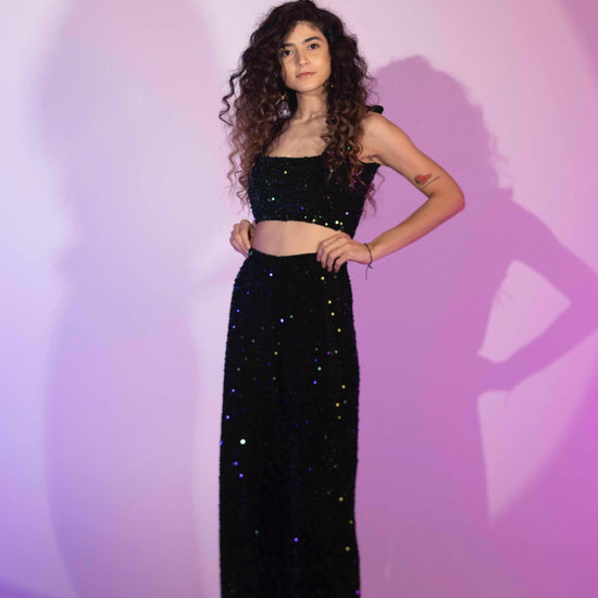 BYSARAD | VELVET SEQUIN PANTS & CROP TOP SET - DARK GREEN