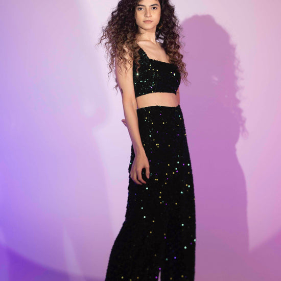 BYSARAD | VELVET SEQUIN PANTS & CROP TOP SET - DARK GREEN