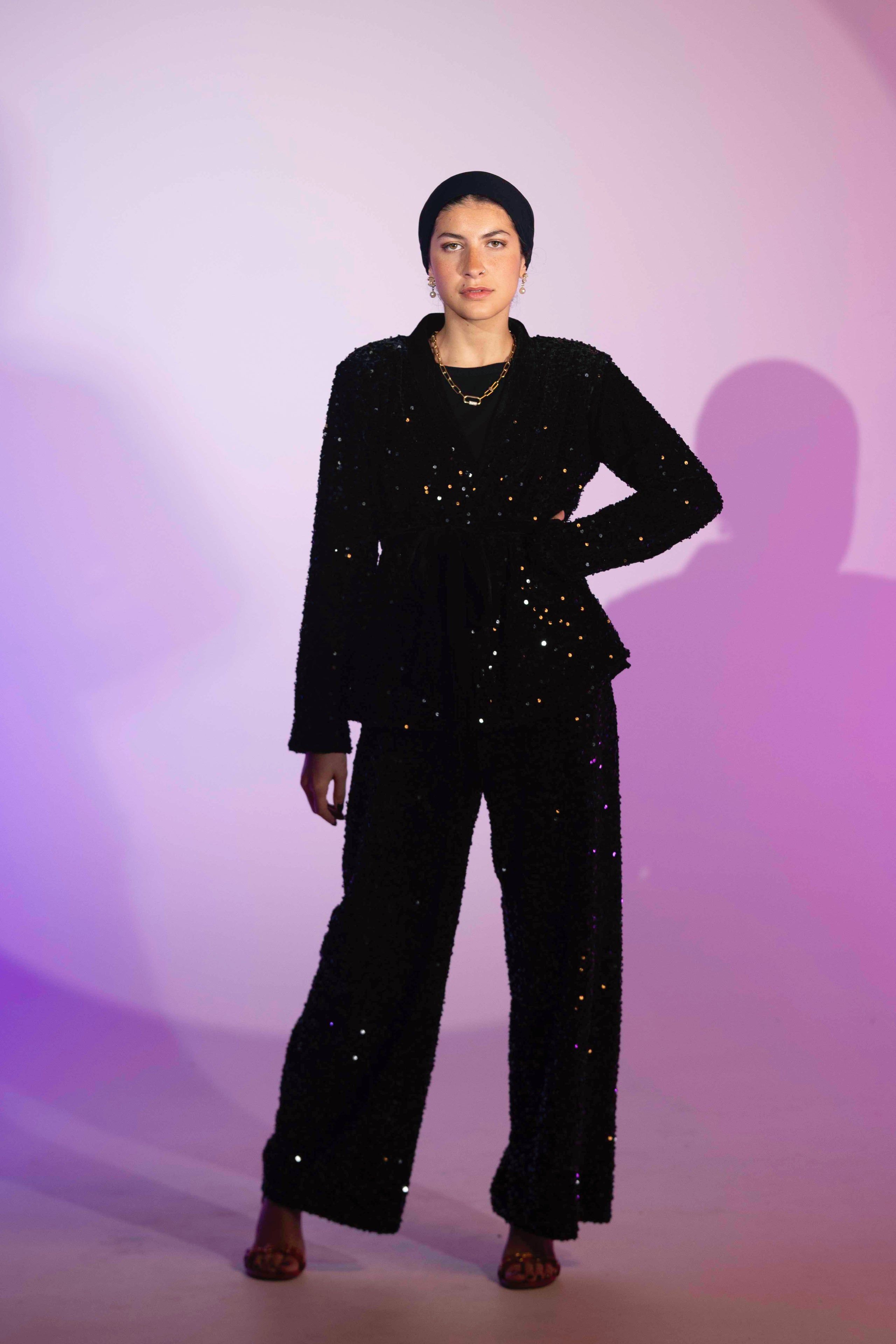 BYSARAD | VELVET SEQUIN SUIT WITH BUILT - BLACK