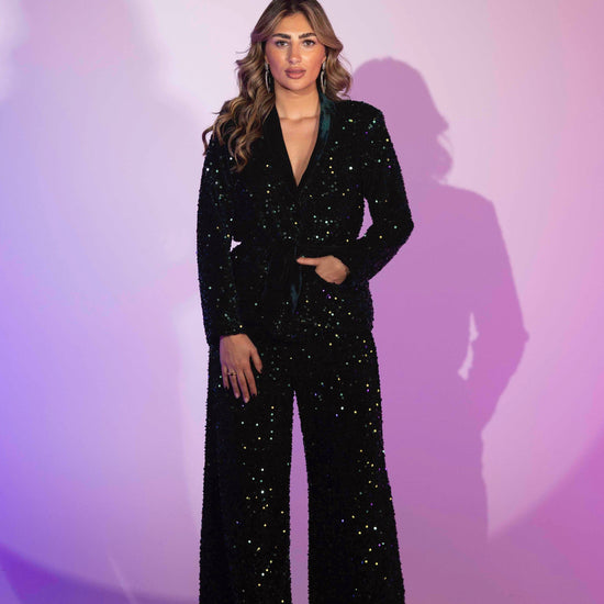 BYSARAD | VELVET SEQUIN SUIT WITH BUILT - DARK GREEN